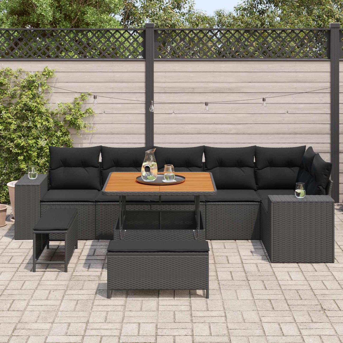 Set Divano da Giardino con cuscino 9 pcs Nero polyrattan | homemem39
