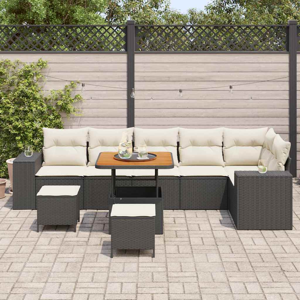Set Divano da Giardino 9 pcs Nero e Crema polyrattan