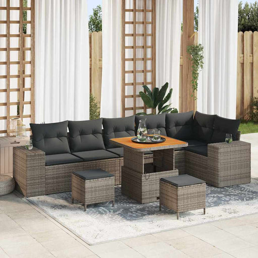 Set Divano da Giardino 9 pz 6-Numero di posti Grigio polyrattan