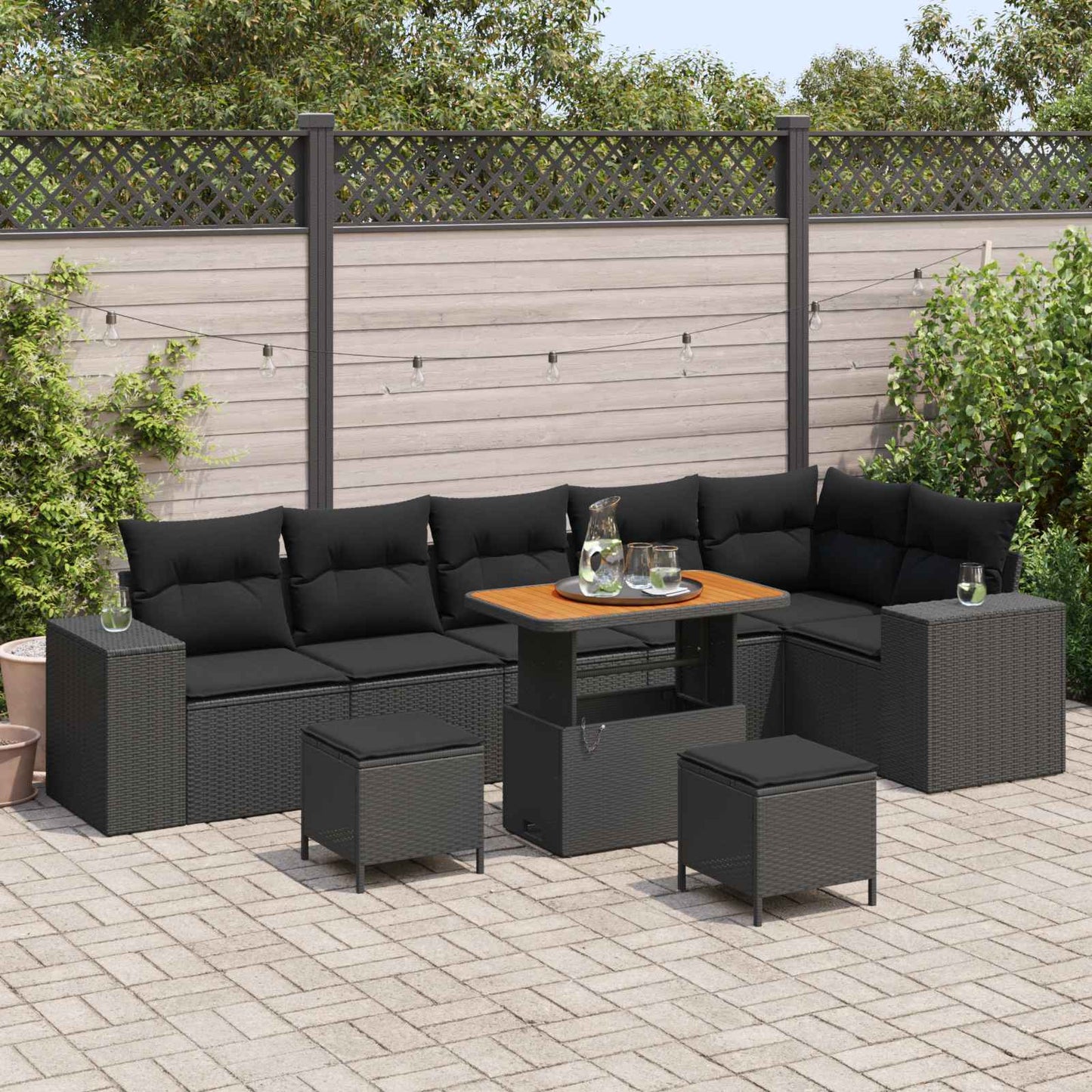 Set Divano da Giardino con cuscino 9 pcs Nero polyrattan | homemem39