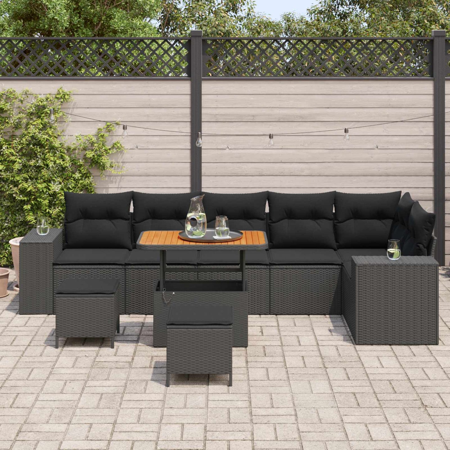 Set Divano da Giardino con cuscino 9 pcs Nero polyrattan | homemem39