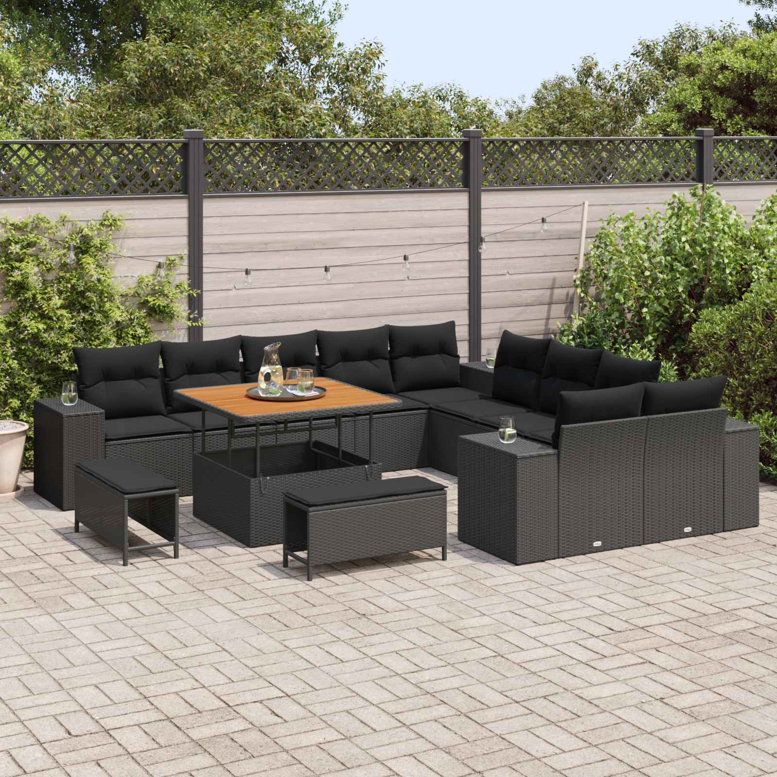 Set Divano da Giardino con cuscino 13 pcs Nero polyrattan | homemem39