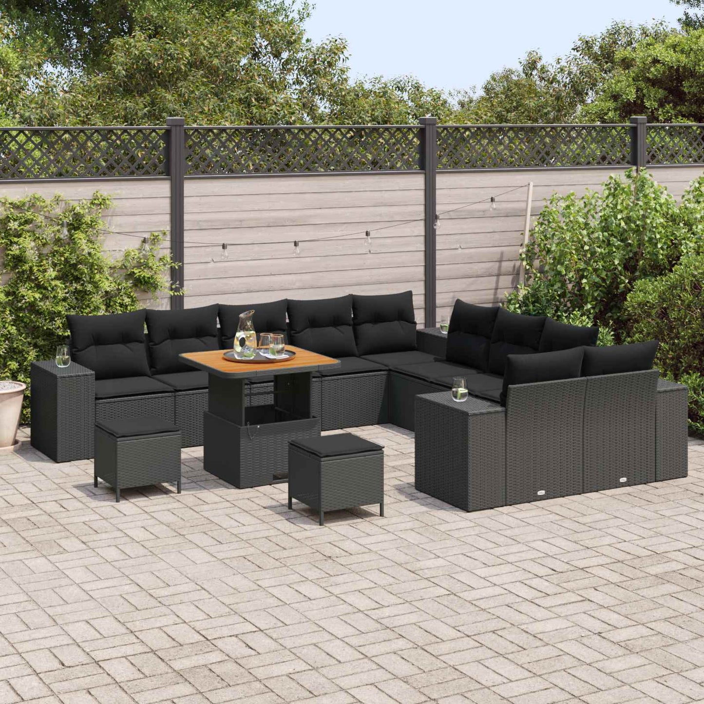 Set Divano da Giardino con cuscino 13 pcs Nero polyrattan