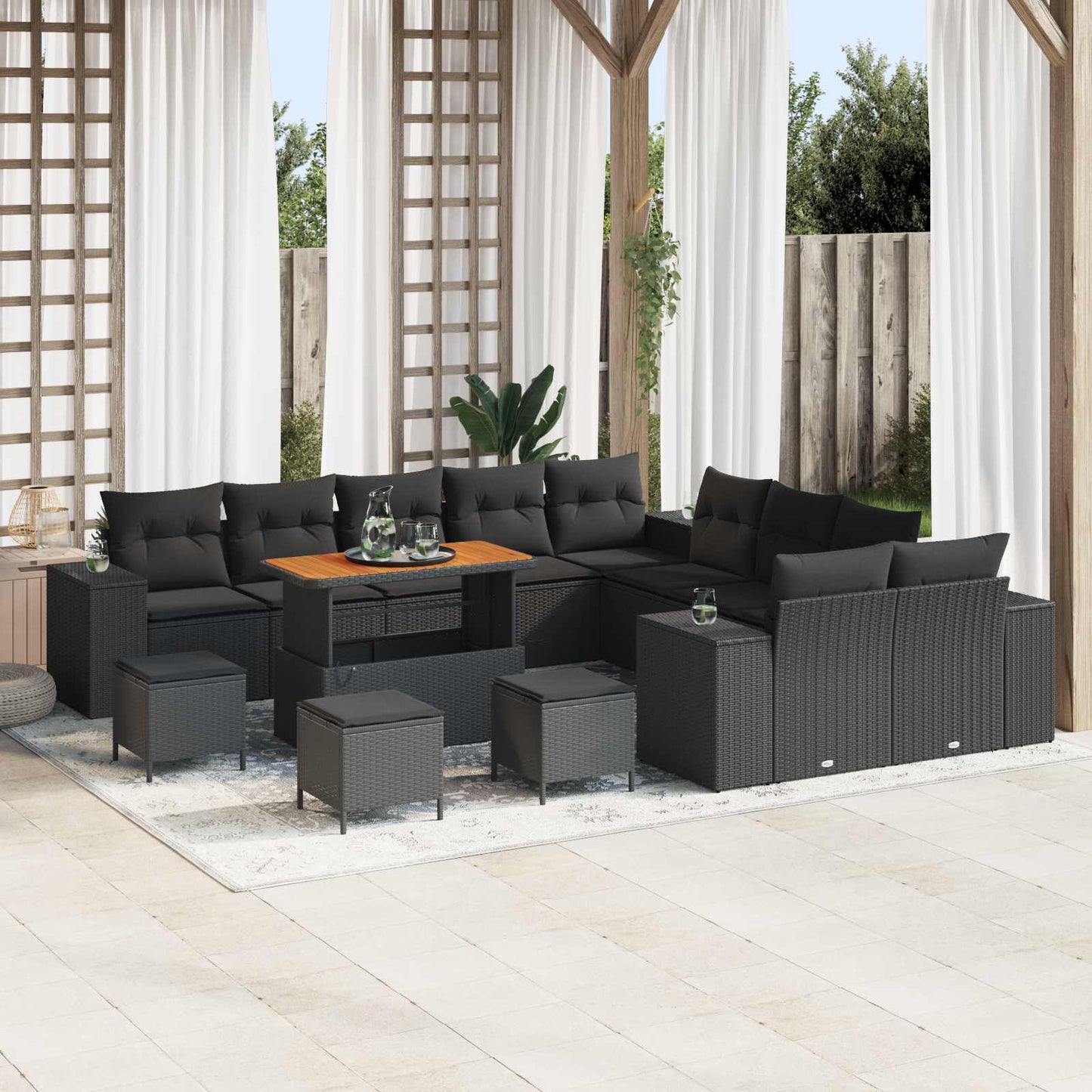 Set Divano da Giardino con cuscino 14 pcs Nero polyrattan | homemem39