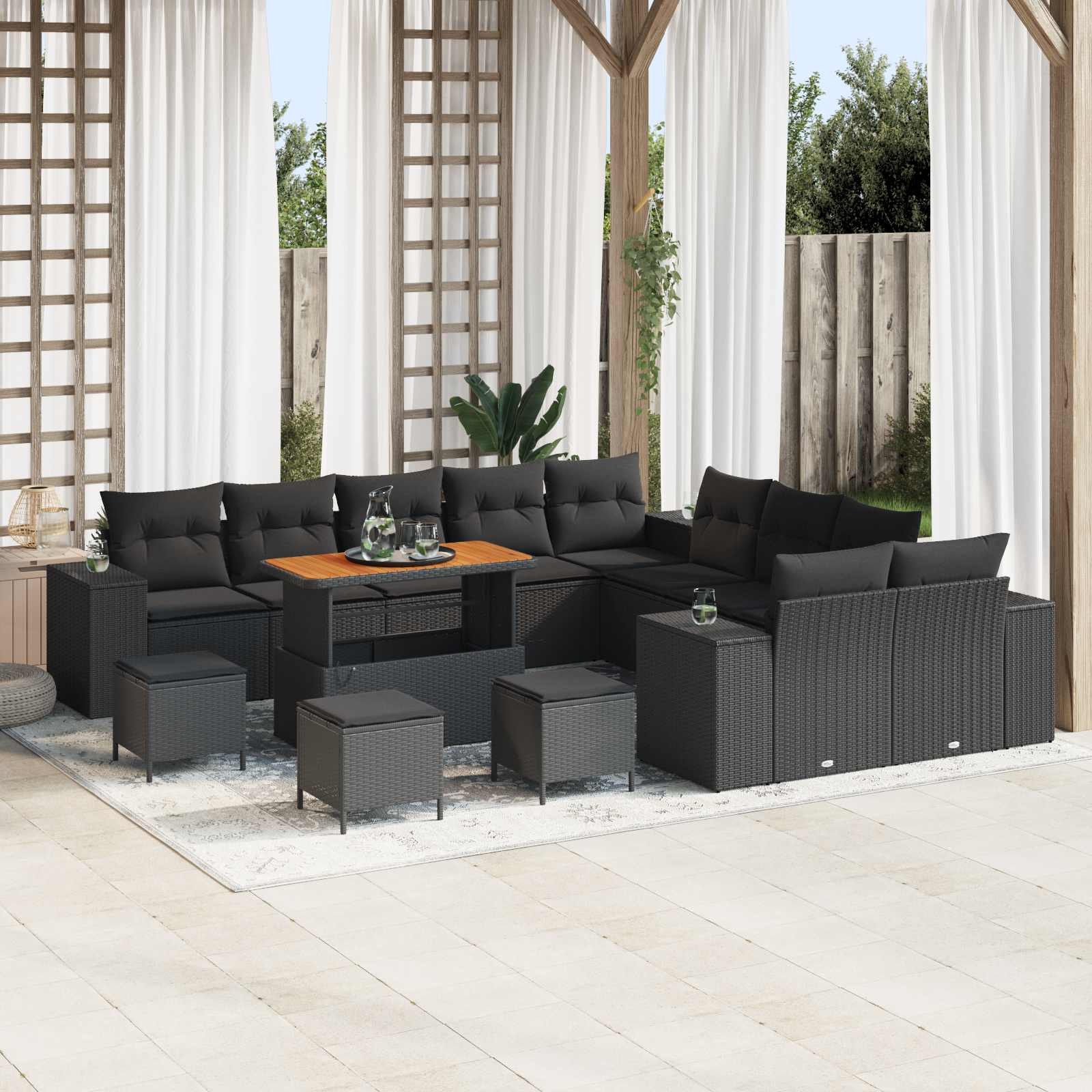 Set Divano da Giardino con cuscino 14 pcs Nero polyrattan | homemem39