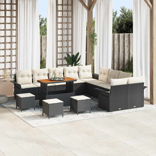Set Divano da Giardino con cuscino 14 pcs Nero e Crema