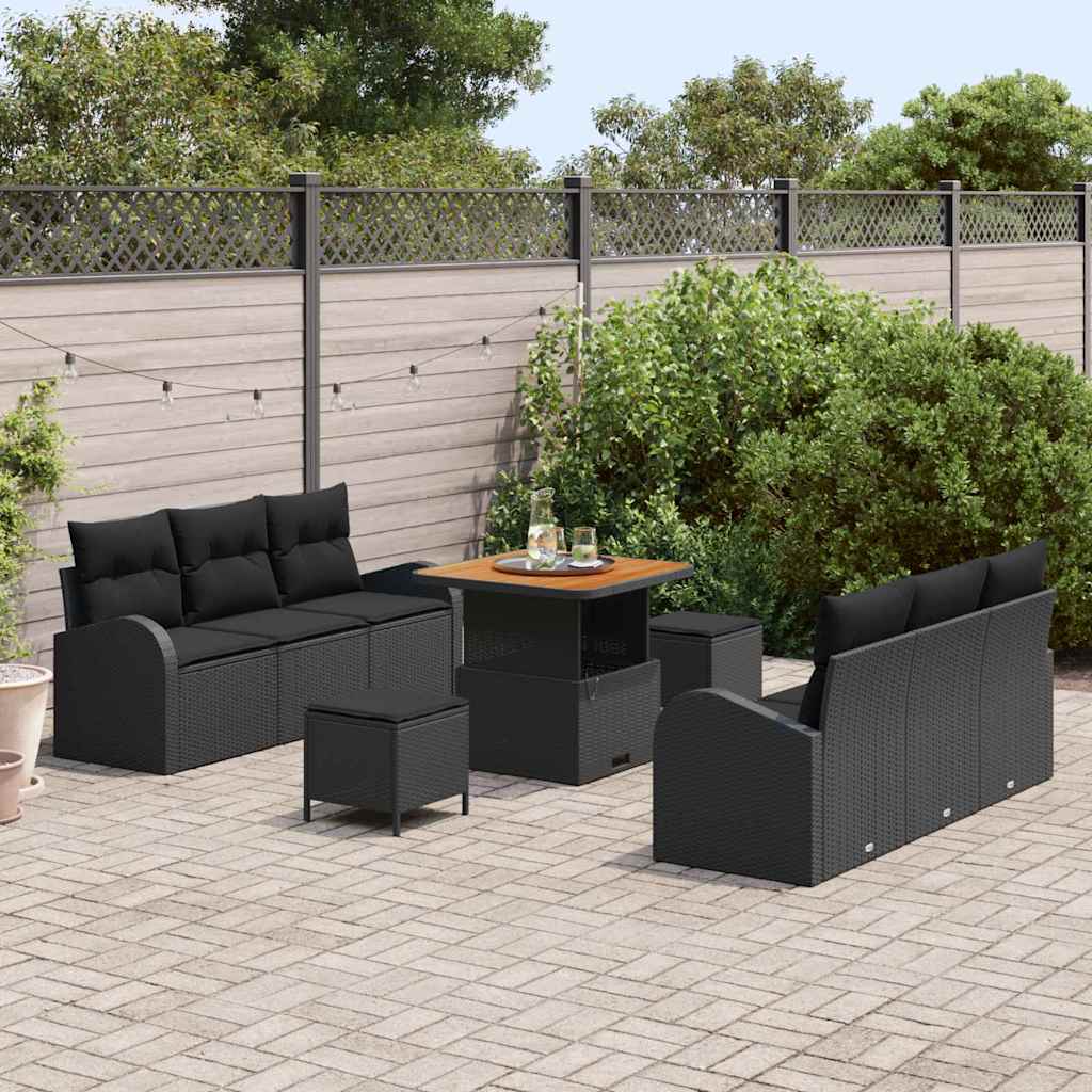 Set Divano da Giardino con cuscino con archiviazione 9 pcs Nero