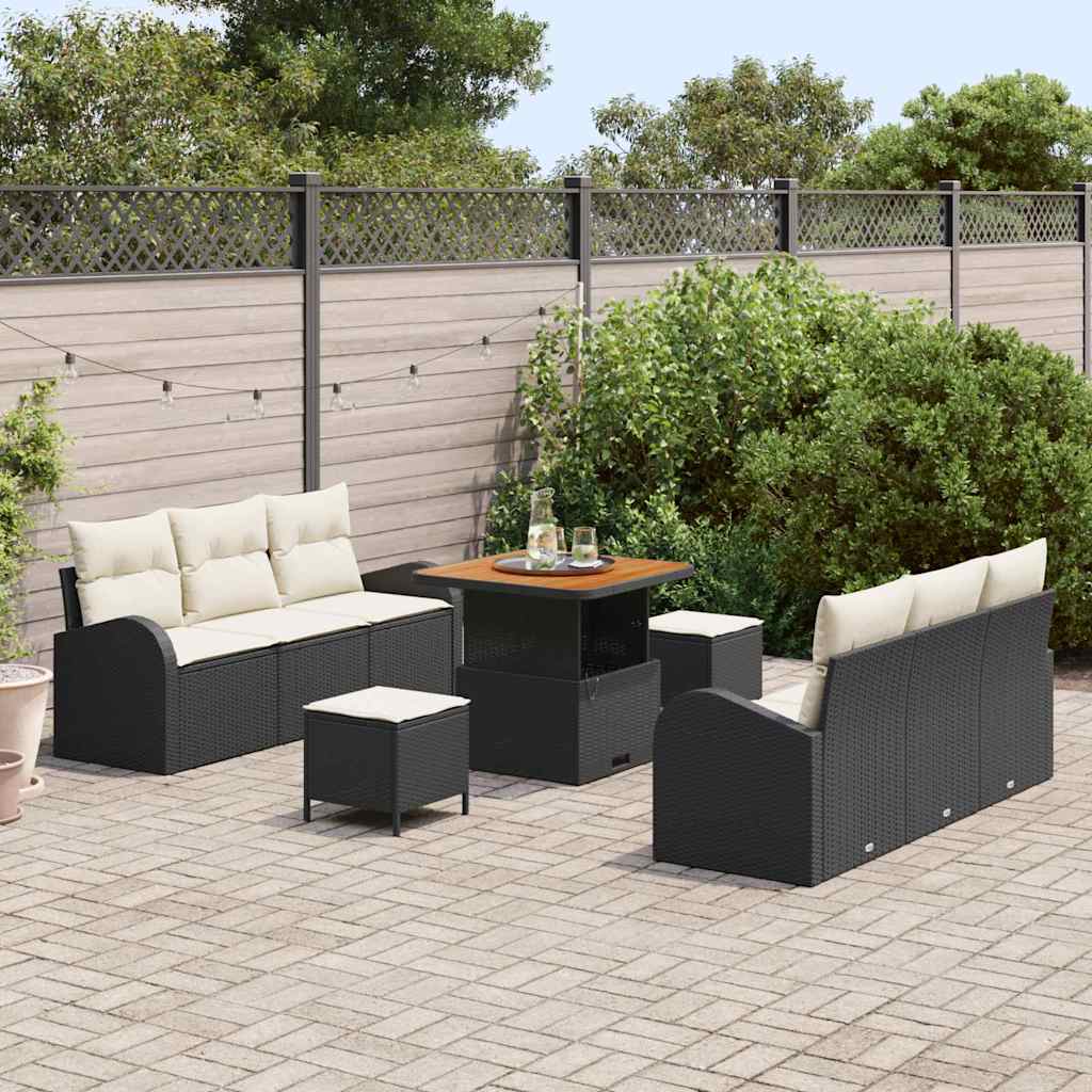 Set Divano da Giardino con cuscino 9 pcs Nero e Crema