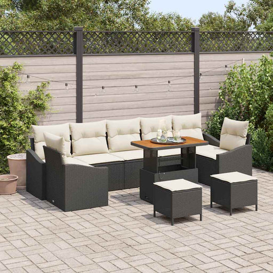 Set Divano da Giardino con cuscino 10 pcs Nero Poly Rattan