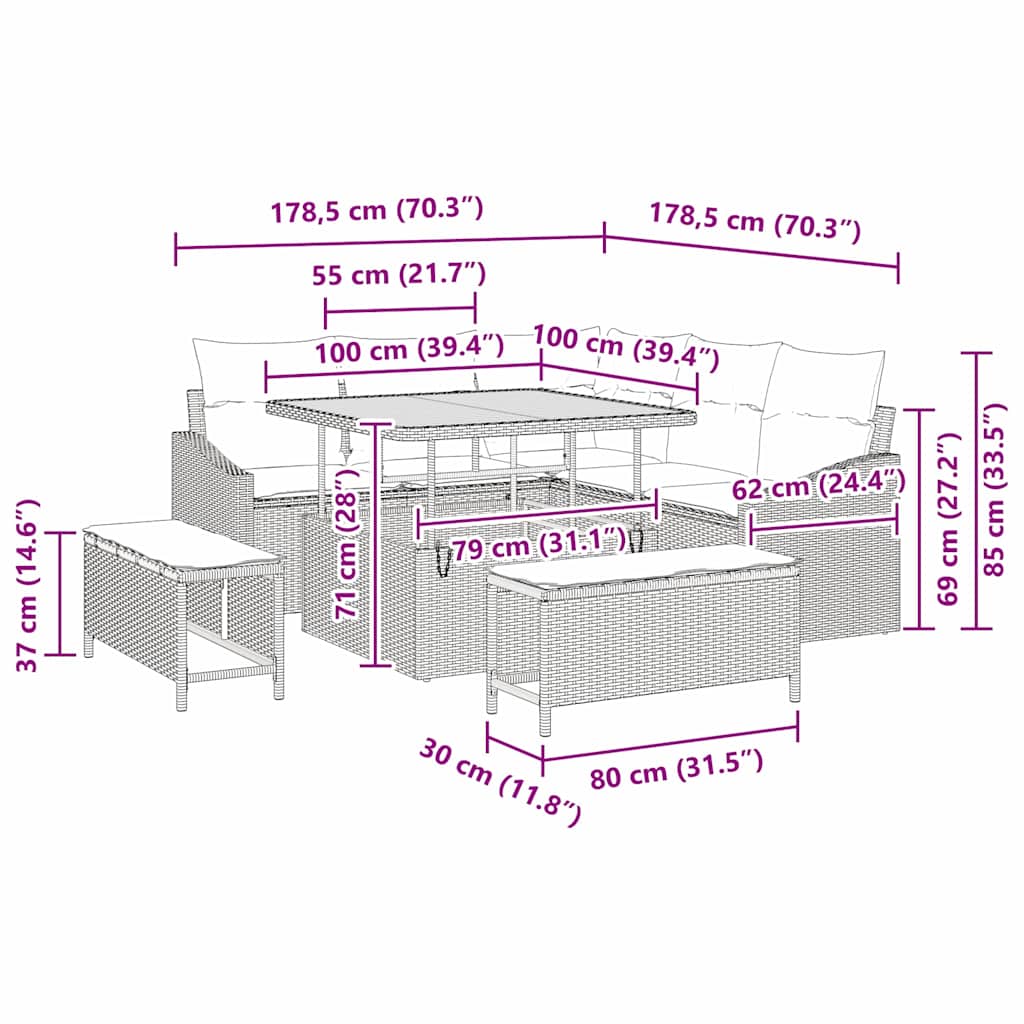 Set Divano da Giardino con cuscino con cuscino 8 pcs Grigio