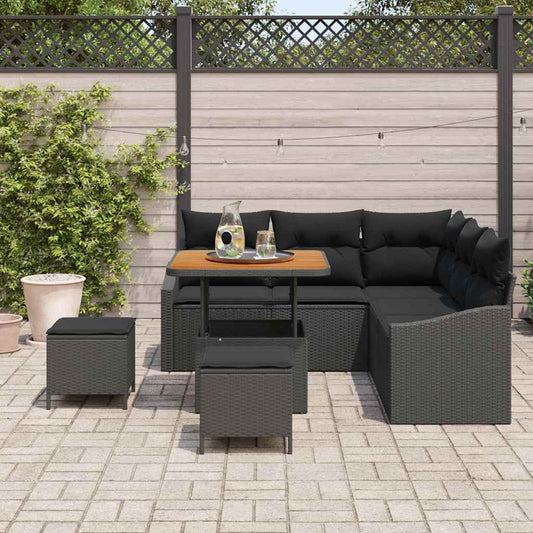 Set Divano da Giardino con cuscino 8 pcs Nero Poly Rattan