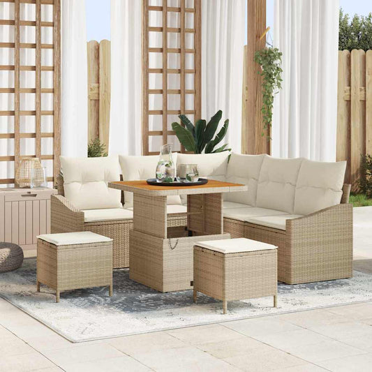 Set Divano da Giardino 8 pz 7-Numero di posti Beige Poly Rattan