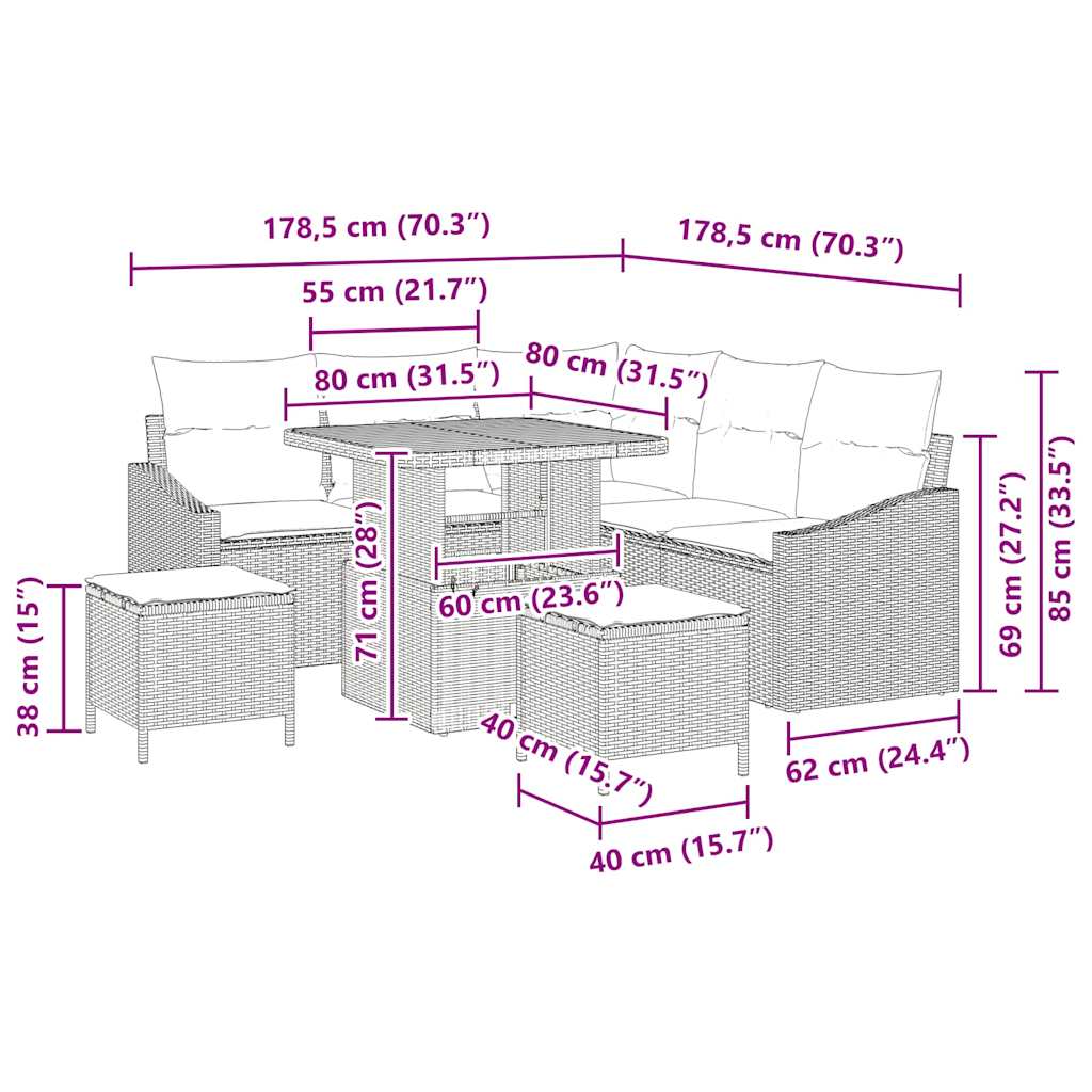 Set Divano da Giardino con cuscino 8 pcs Grigio Poly Rattan