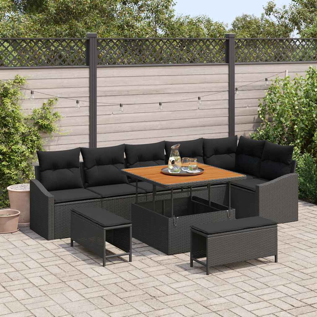 Set Divano da Giardino con cuscino 9 pcs Nero Poly Rattan | homemem39