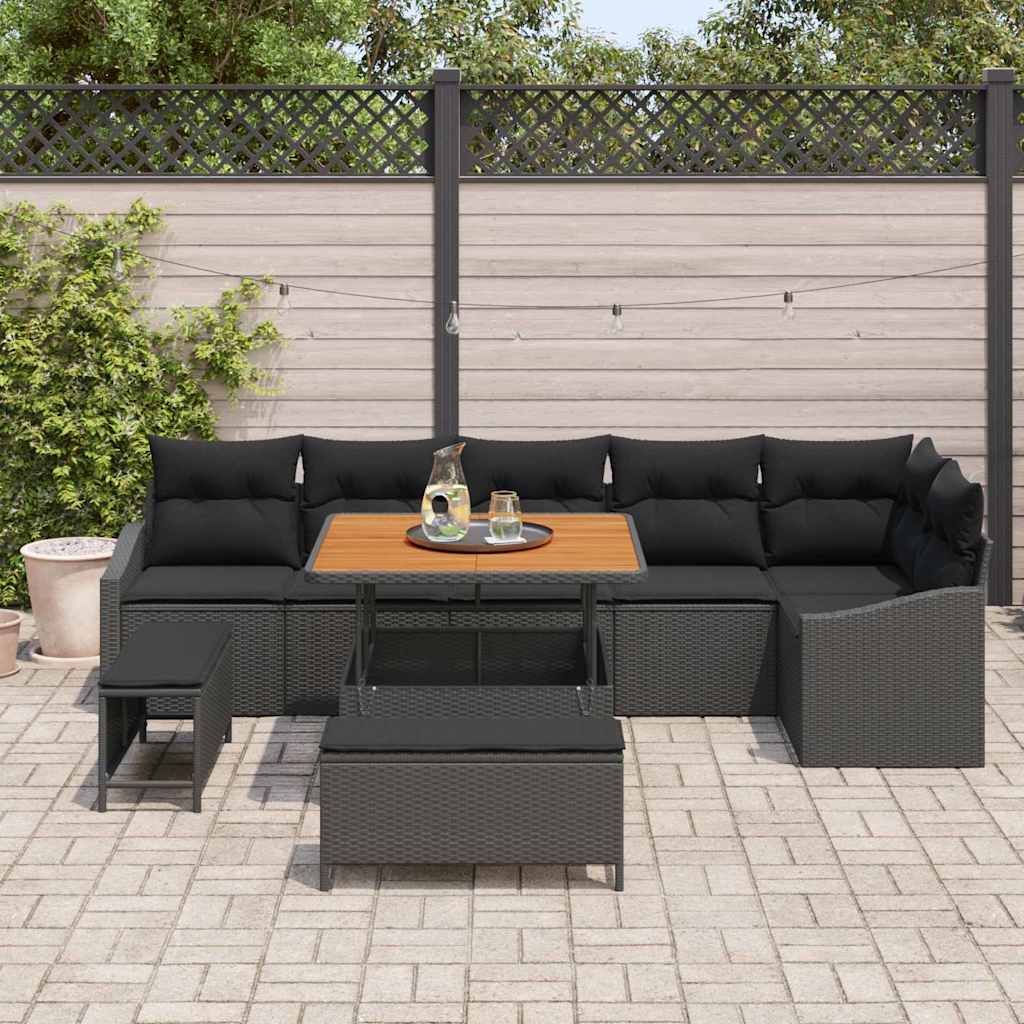 Set Divano da Giardino con cuscino 9 pcs Nero Poly Rattan | homemem39