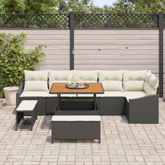 Set Divano da Giardino con cuscino 9 pcs Nero Poly Rattan