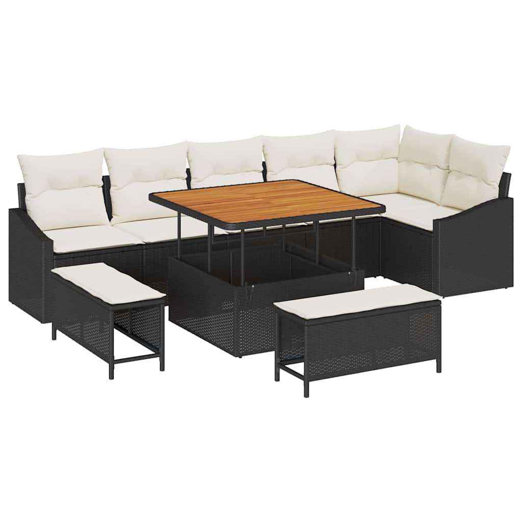 Set Divano da Giardino con cuscino 9 pcs Nero Poly Rattan | homemem39