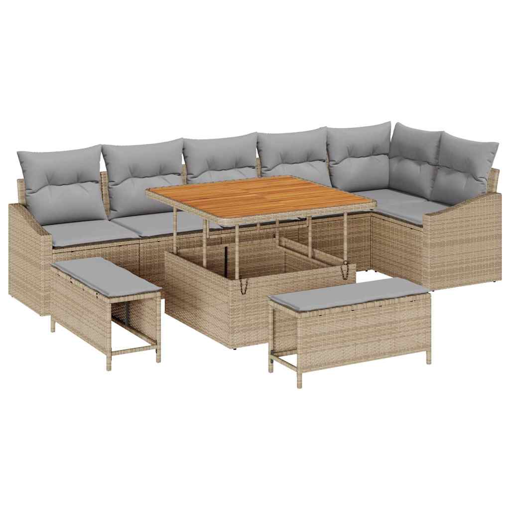 Set Divano da Giardino con cuscino 9 pcs Beige Poly Rattan