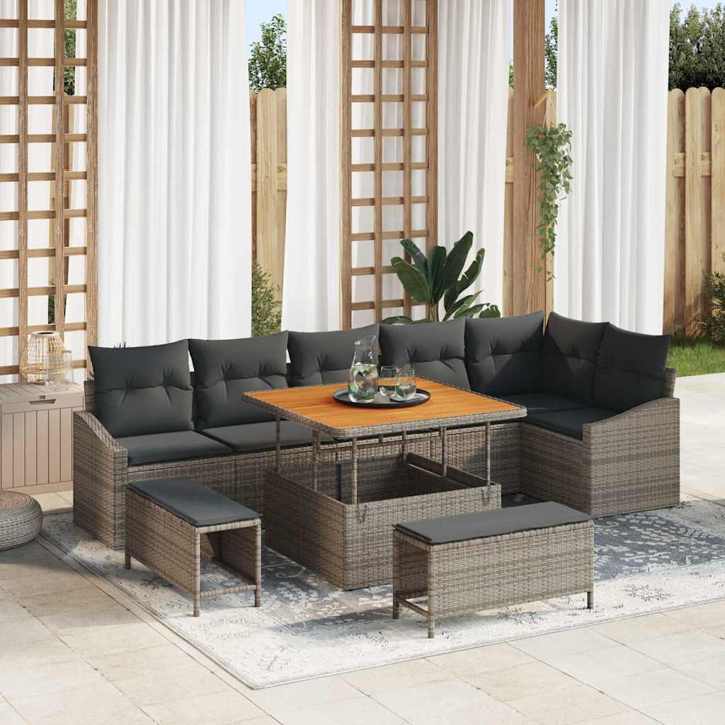 Set Divano da Giardino con cuscino 9 pcs Grigio Poly Rattan