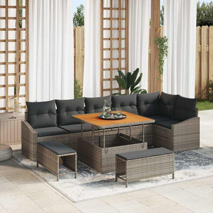 Set Divano da Giardino con cuscino 9 pcs Grigio Poly Rattan