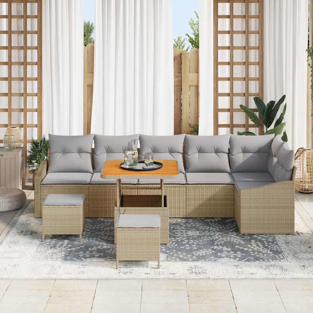 Set Divano da Giardino 9 pz 7-Numero di posti Beige Poly Rattan
