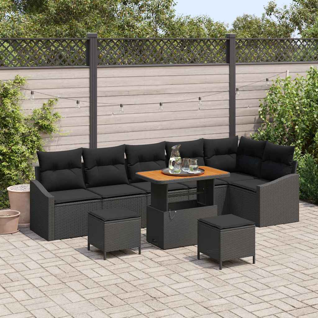 Set Divano da Giardino con cuscino 9 pcs Nero Poly Rattan | homemem39
