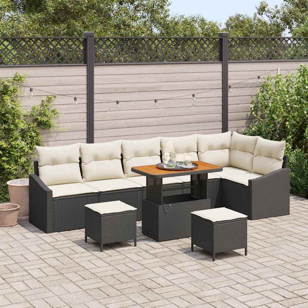 Set Divano da Giardino con cuscino 9 pcs Nero Poly Rattan
