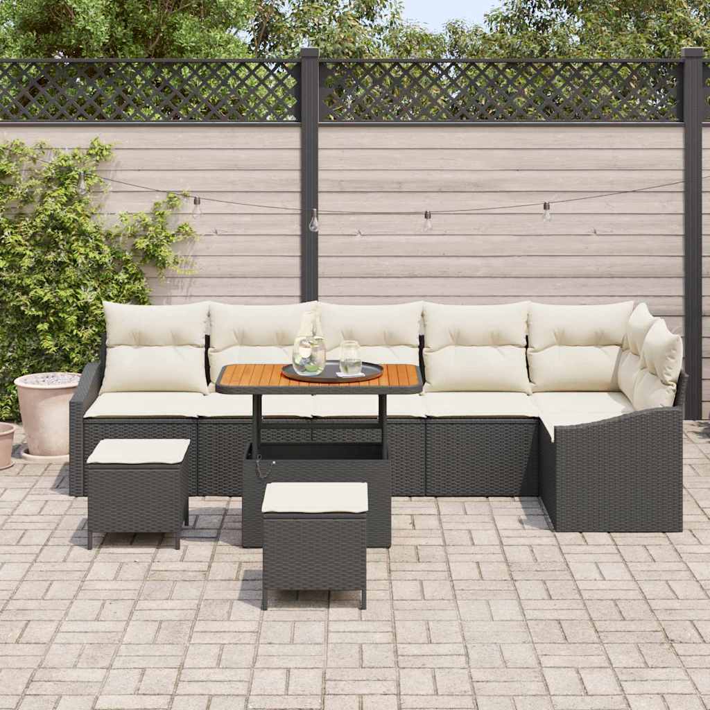 Set Divano da Giardino con cuscino 9 pcs Nero Poly Rattan