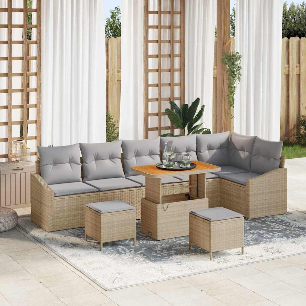 Set Divano da Giardino con cuscino 9 pcs Beige Poly Rattan