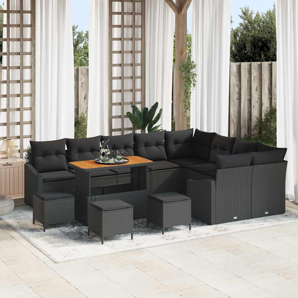 Set Divano da Giardino con cuscino 13 pcs Nero Poly Rattan | homemem39