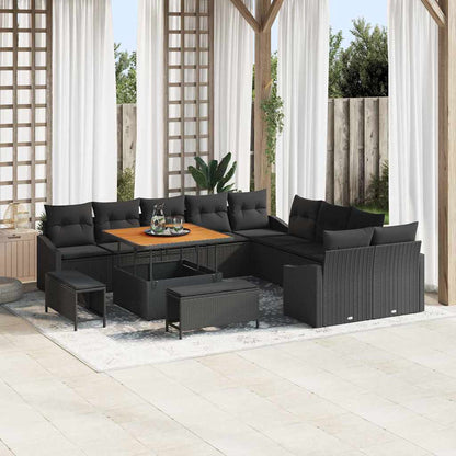 Set Divano da Giardino con cuscino 13 pcs Nero Poly Rattan | homemem39