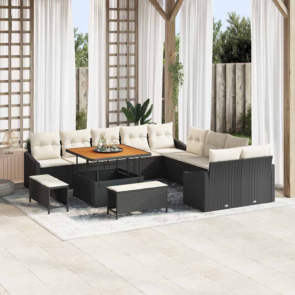 Set Divano da Giardino con cuscino 13 pcs Nero Poly Rattan | homemem39