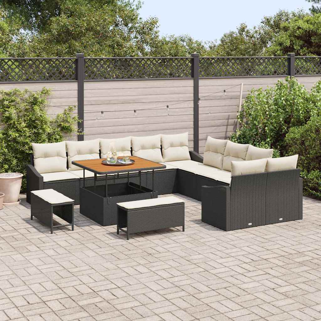 Set Divano da Giardino con cuscino 13 pcs Nero Poly Rattan | homemem39