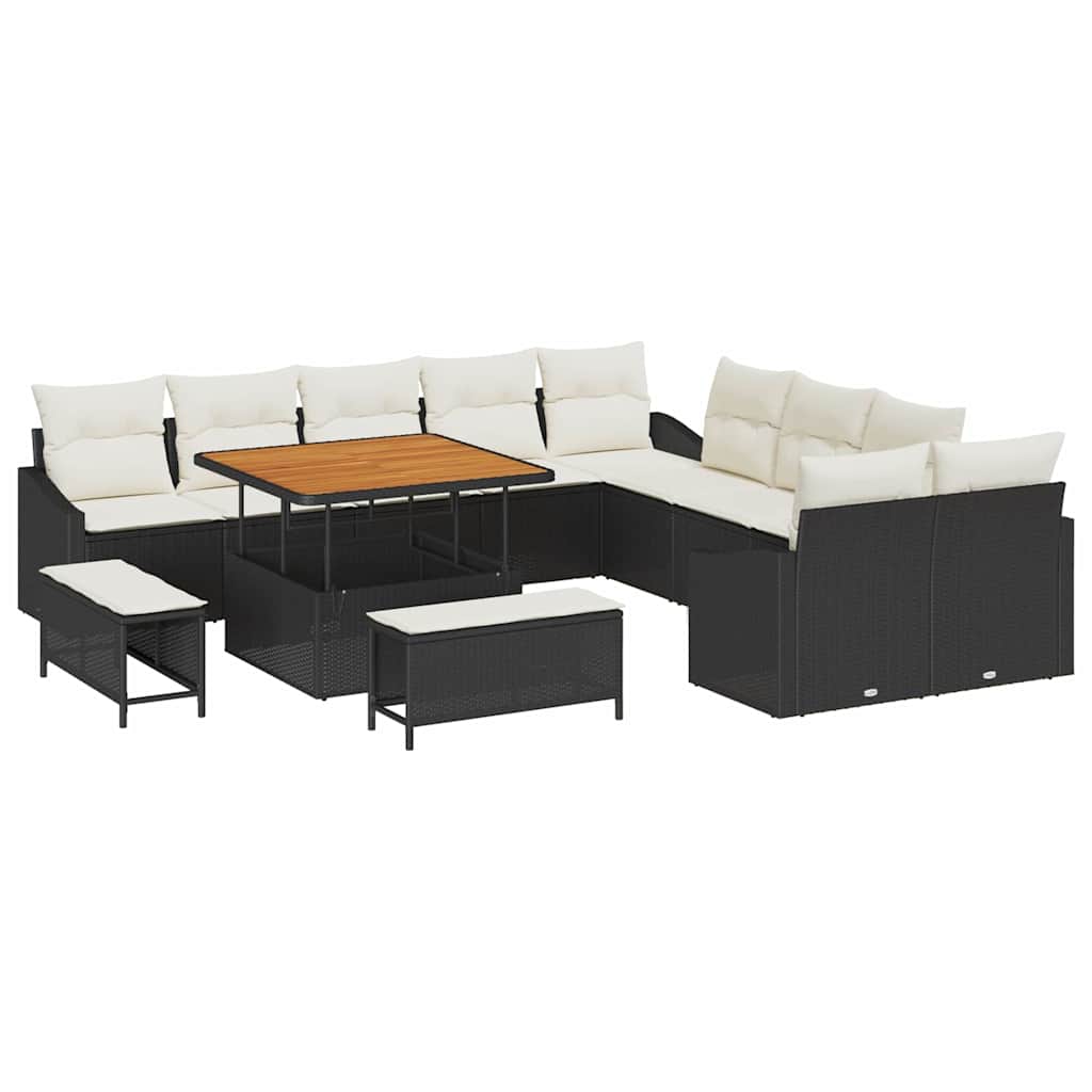Set Divano da Giardino con cuscino 13 pcs Nero Poly Rattan | homemem39