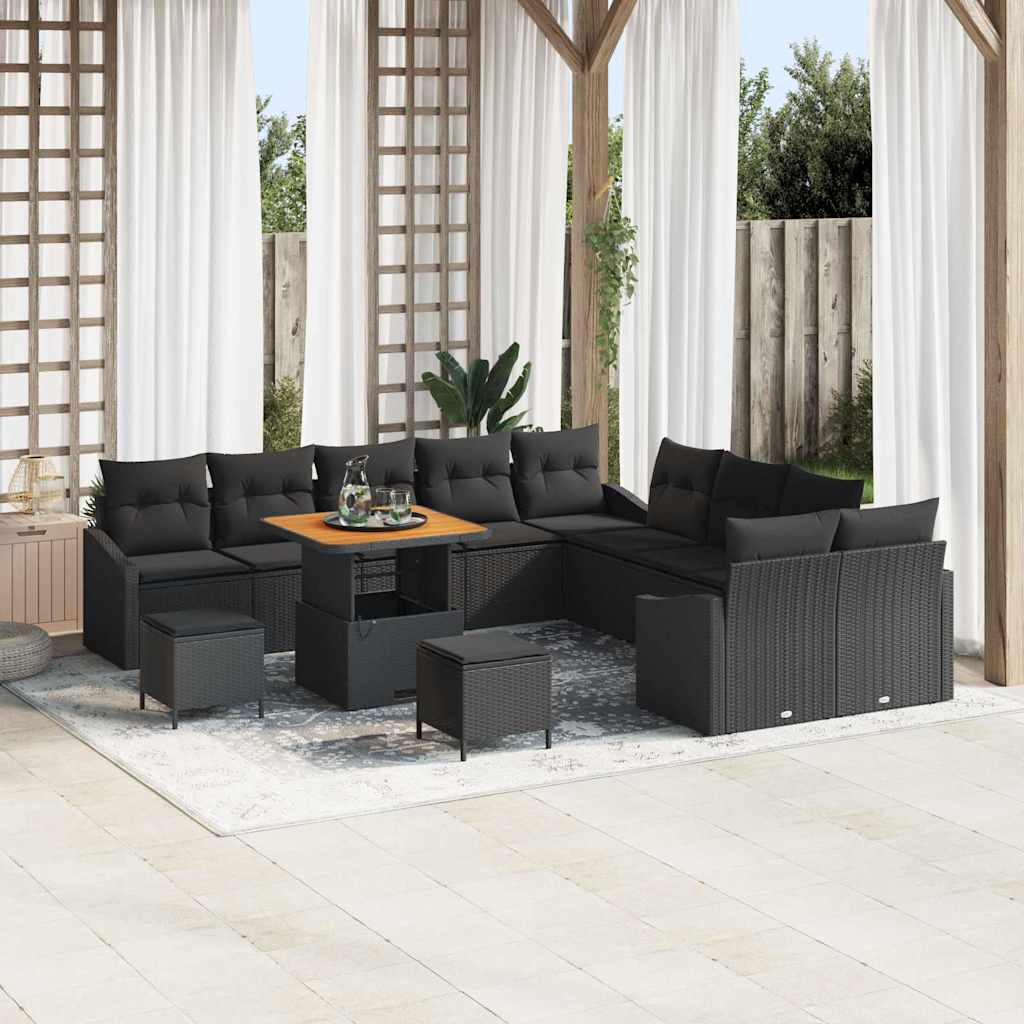 Set Divano da Giardino con cuscino 13 pcs Nero Poly Rattan | homemem39
