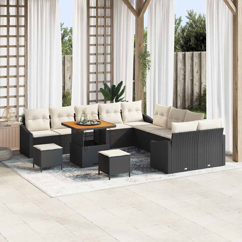 Set Divano da Giardino con cuscino 13 pcs Nero Poly Rattan | homemem39