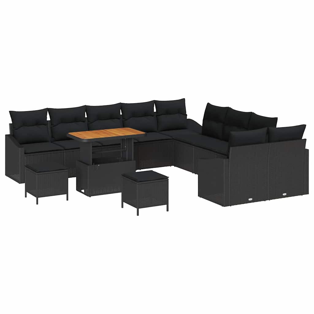 Set Divano da Giardino con cuscino 13 pcs Nero Poly Rattan | homemem39