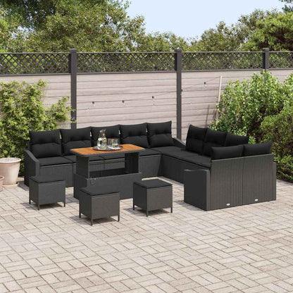 Set Divano da Giardino con cuscino 13 pcs Nero Poly Rattan | homemem39