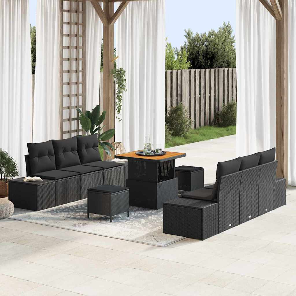 Set Divano da Giardino con cuscino 9 pcs Nero Poly Rattan | homemem39