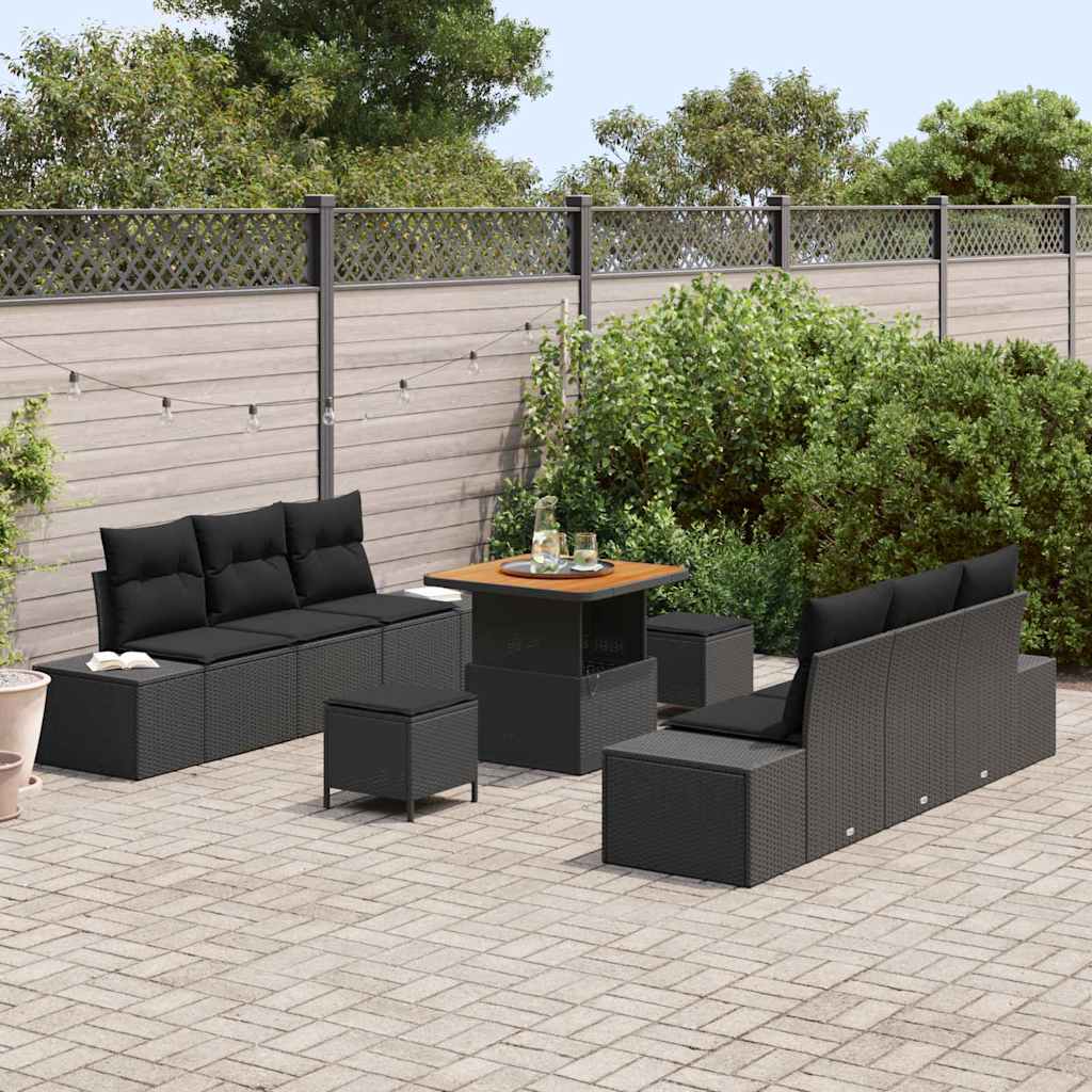 Set Divano da Giardino con cuscino 9 pcs Nero Poly Rattan | homemem39