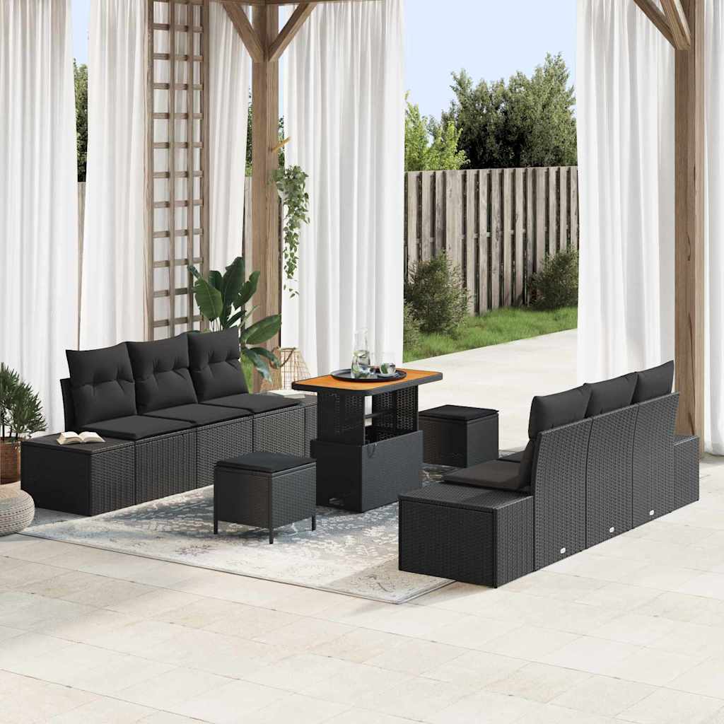 Set Divano da Giardino con cuscino 9 pcs Nero Poly Rattan | homemem39