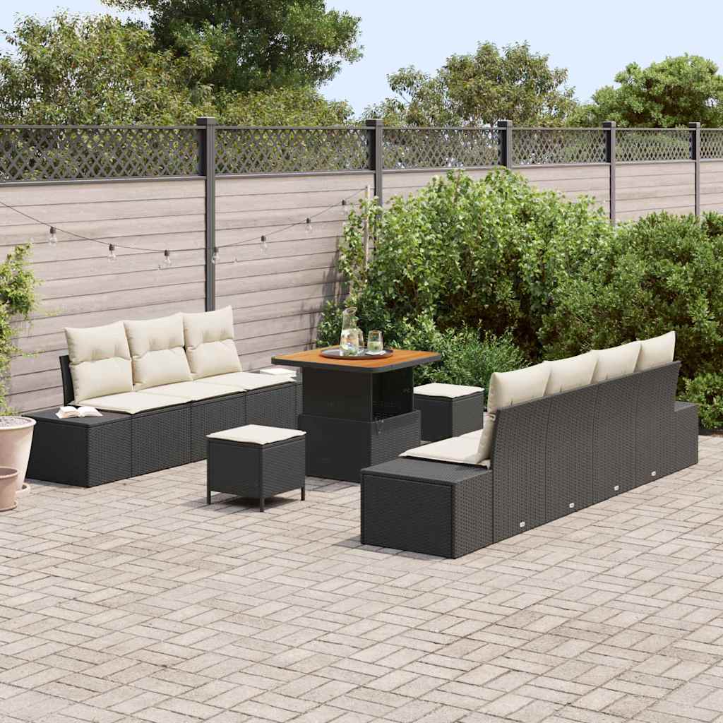Set Divano da Giardino con cuscino 10 pcs Nero Poly Rattan | homemem39