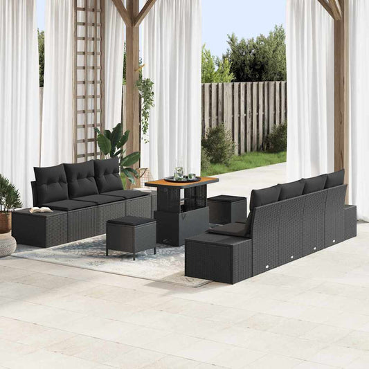 Set Divano da Giardino con cuscino 10 pcs Nero Poly Rattan
