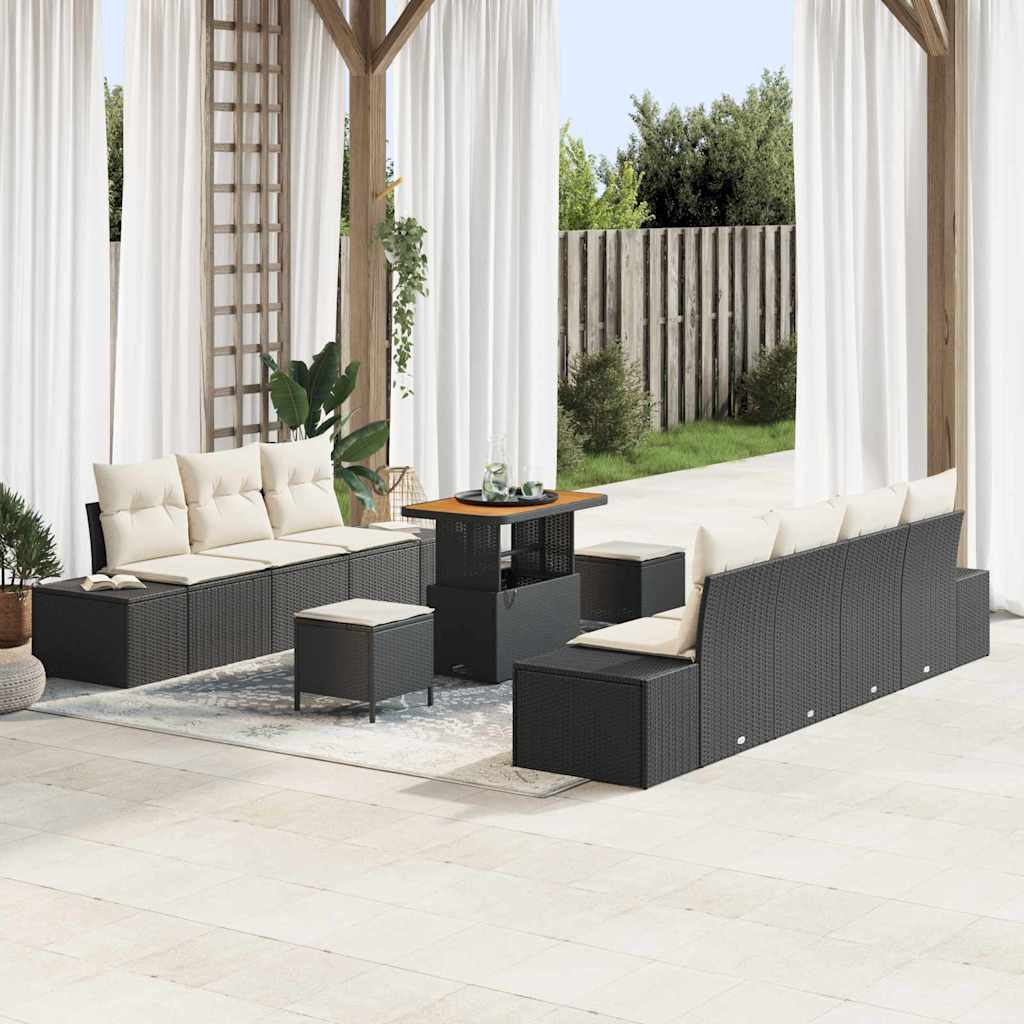 Set Divano da Giardino con cuscino 10 pcs Nero Poly Rattan | homemem39