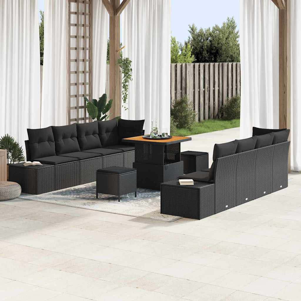 Set Divano da Giardino con cuscino 11 pcs Nero Poly Rattan | homemem39