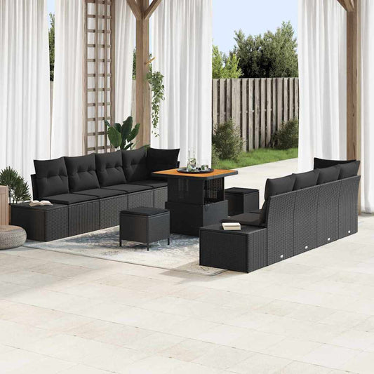 Set Divano da Giardino con cuscino 11 pcs Nero Poly Rattan