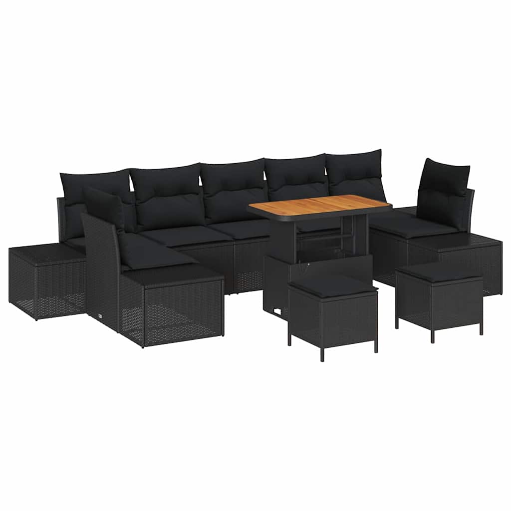 Set Divano da Giardino con cuscino 10 pcs Nero Poly Rattan | homemem39