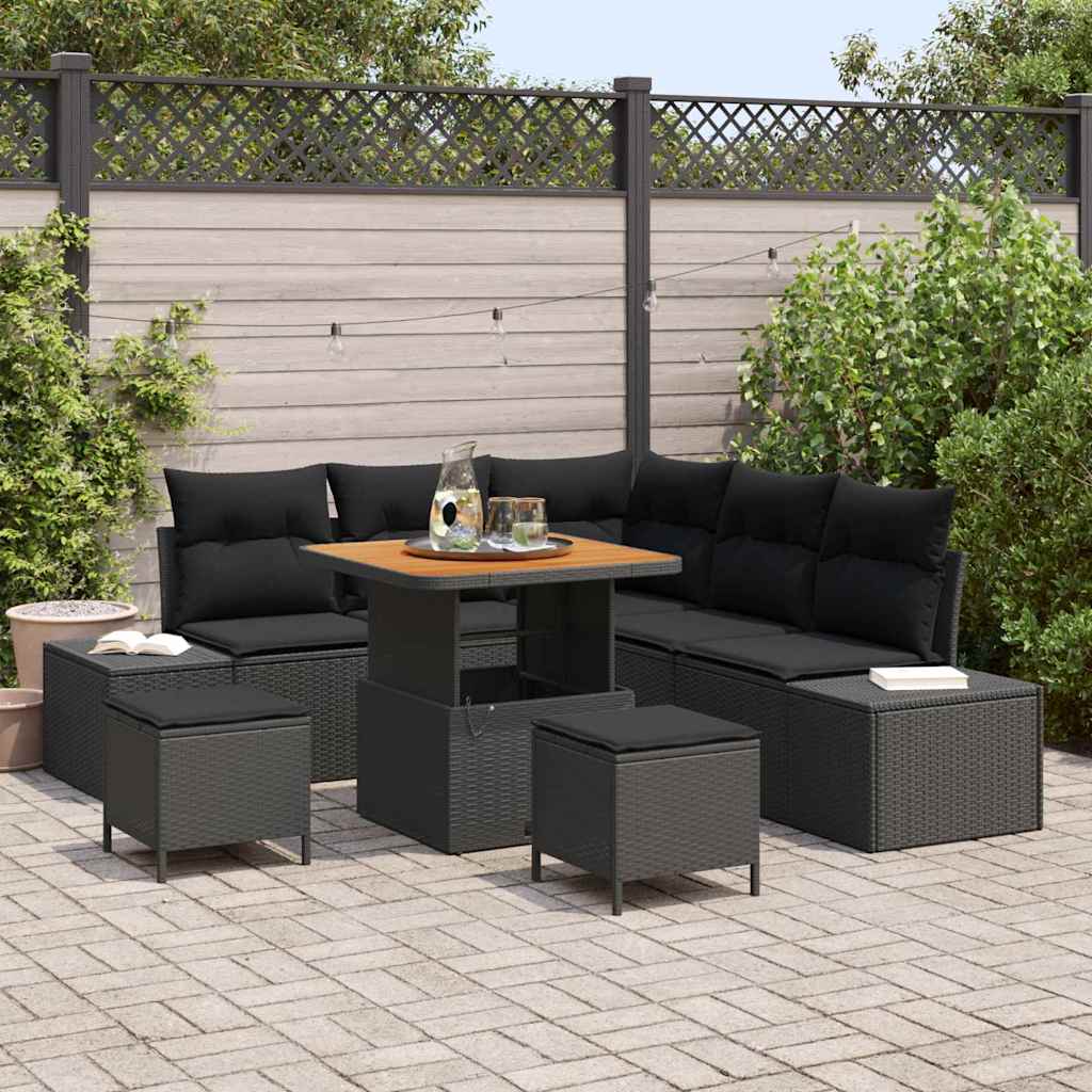 Set Divano da Giardino con cuscino 8 pcs Nero Poly Rattan