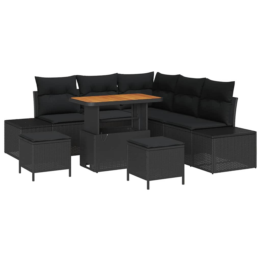 Set Divano da Giardino con cuscino 8 pcs Nero Poly Rattan