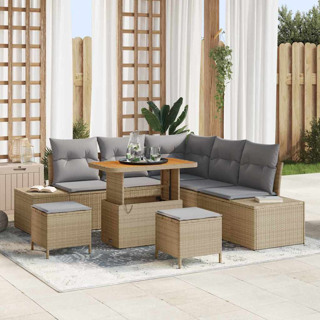 Set Divano da Giardino con cuscino 8 pcs Beige Poly Rattan